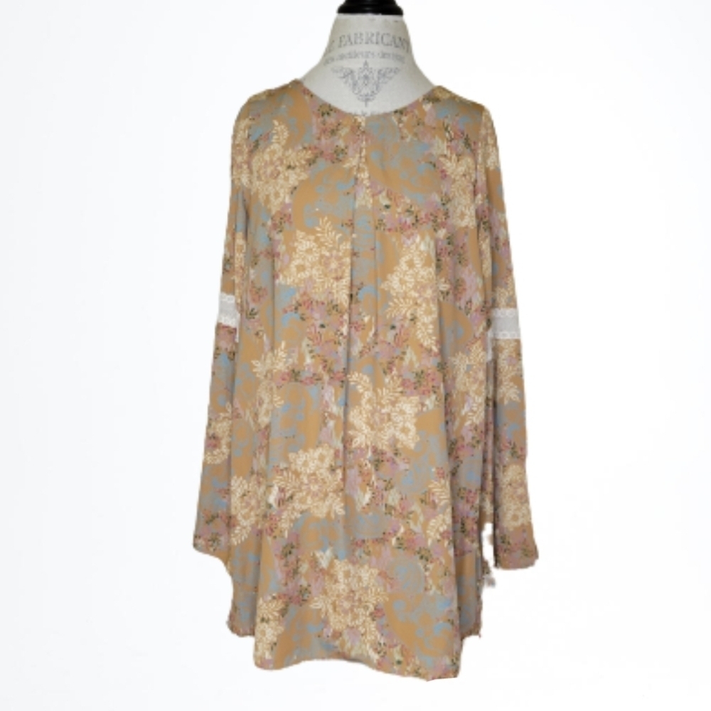 Honey Punch Marigold Floral Bell Sleeve Flowy Tunic Dress Size Large NWT